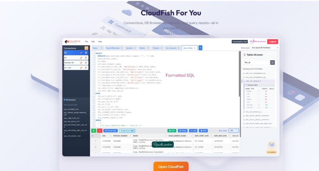 CloudFish app: connections, DB Browser, worksheets, SQL editor, and results